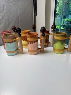 Vintage Ceramic Drip-Glaze Tiki Mug with Bamboo Handle - Pastel (set of 6)